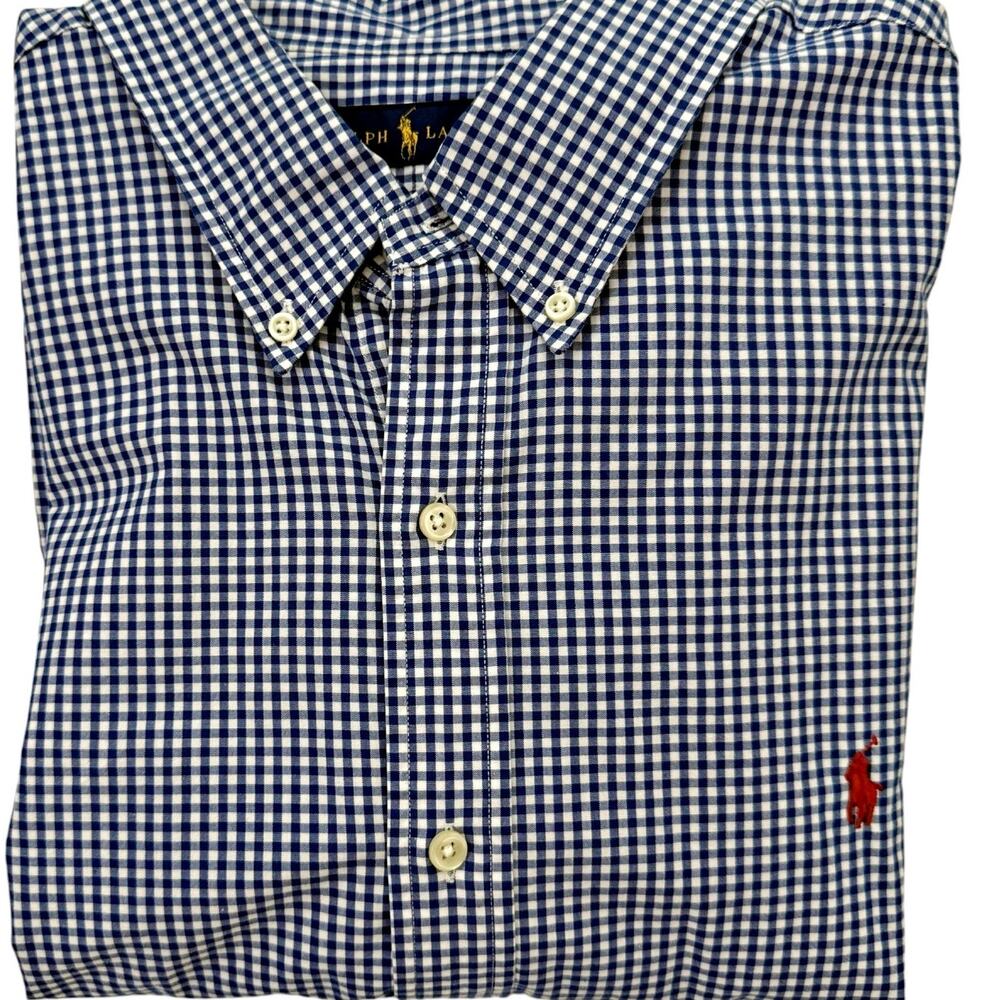 Ralph Lauren Blue White Check Red Pony S/S Button Down Shirt XXL Summer USA